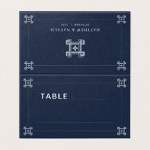 Blank Navy Blue White Greek Key Wedding Place Card