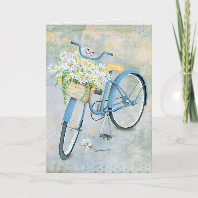 blank note card cat in daisy basket on bike (Front)