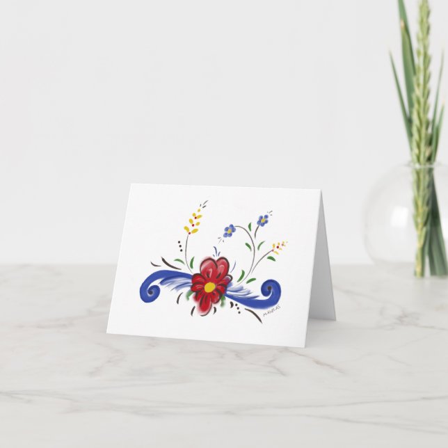 Blank notecard with red flower and blue scrolls (Front)