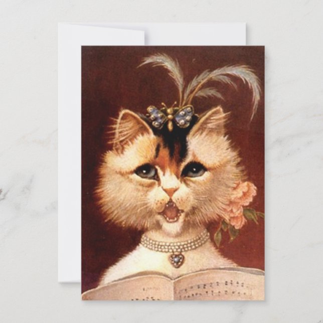 Blank Party Invitation Vintage Parlour Cat Singing (Front)