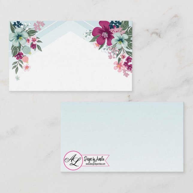 Blank Place Cards Tropical Flowers on Blue Ombre (Front/Back)