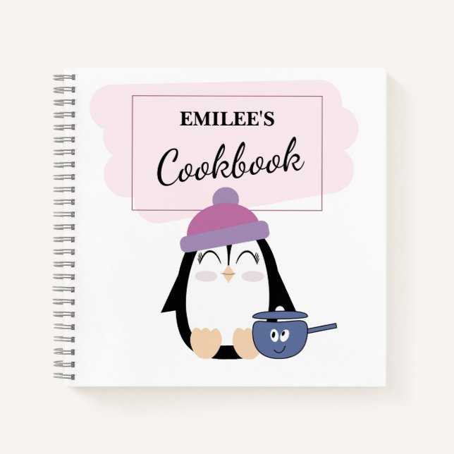 Blank Recipe Book to Write In (Cute Pink Penguin) (Front)