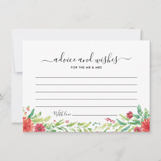 Blank Red Floral Wedding Guest Advice Wishes Card (Front)