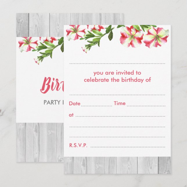 Blank Rustic Watercolor Trailing Petunias Birthday Invitation (Front/Back)
