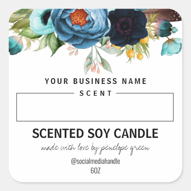 Blank Scented Soy Candle Labels With Blue Flowers (Front)