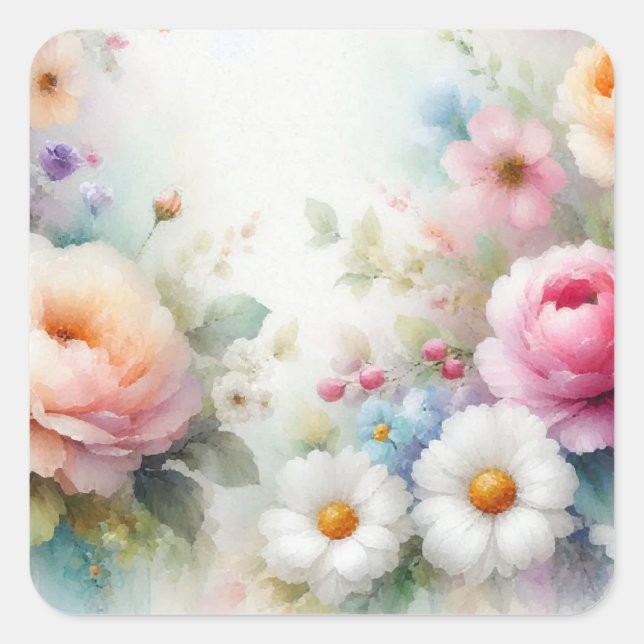 Blank Template Aquarell Flowers Add Your Text Square Sticker (Front)