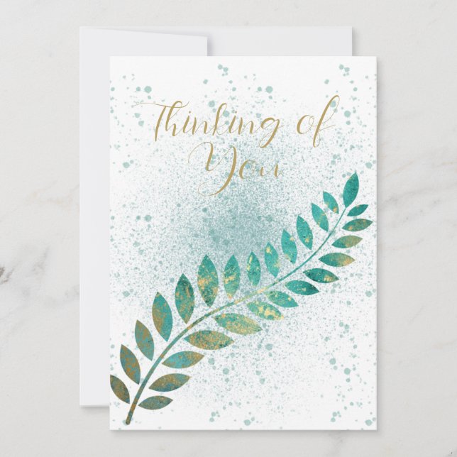 Blank Turquoise and Gold Tropical Leaf Thinking of Announcement (Front)