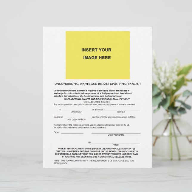 Blank Unconditional Waiver & Release Upon Final (Standing Front)