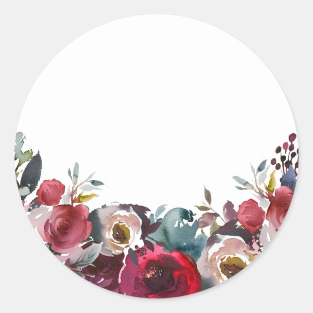 BLANK Watercolor Floral Burgundy Wedding Classic Round Sticker (Front)