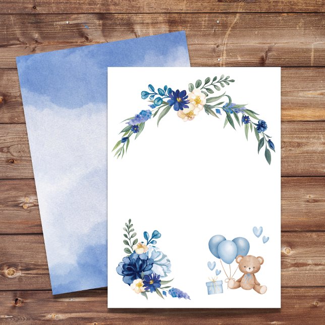 Blank Watercolor Flower Teddy Bear Blue Balloon  Invitation (Creator Uploaded)