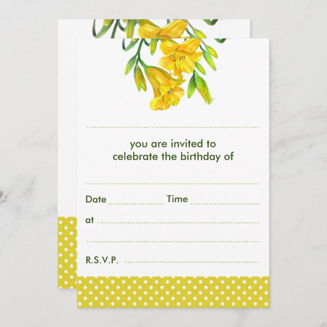 Blank Watercolor Yellow Day Lilies Polka Dots Invitation (Front/Back)