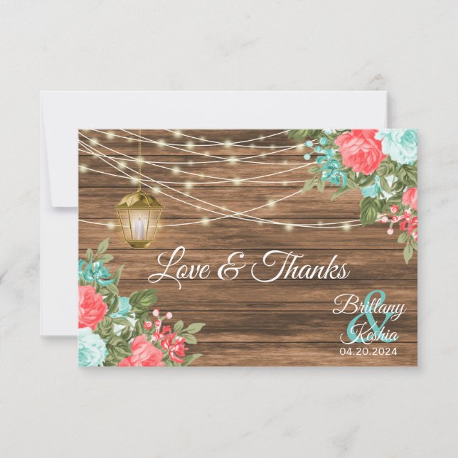 Blank - Wood, Lantern and Teal, Coral Floral  Thank You Card (Front)