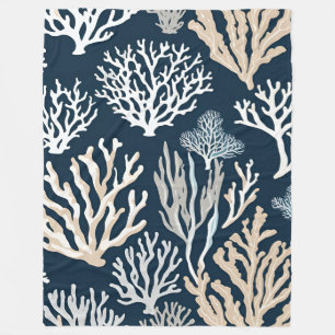 Blanket Navy Blue Beige Coral Nautical Coastal