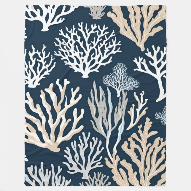 Blanket Navy Blue Beige Coral Nautical Coastal (Front)