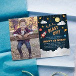 Blast Off | Birthday Party Photo Invitation<br><div class="desc">Cool space themed birthday party invitations feature a rocket ship, stars, planets and clouds against a night sky background, with "3, 2, 1... blast off" in bright comic book style lettering. Personalise with your birthday party details beneath, and add a favourite photo of the birthday boy for a cool personal...</div>