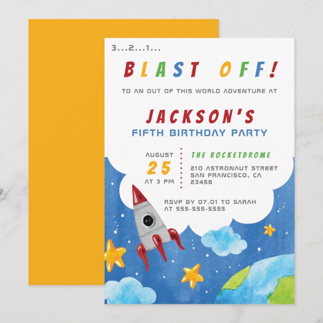 Blast Off! Boys Outer Space Theme Birthday Party Invitation (Front/Back)