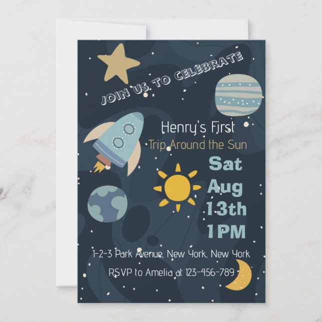 Blast Off First Trip around the Sun First Birthday Invitation (Front)