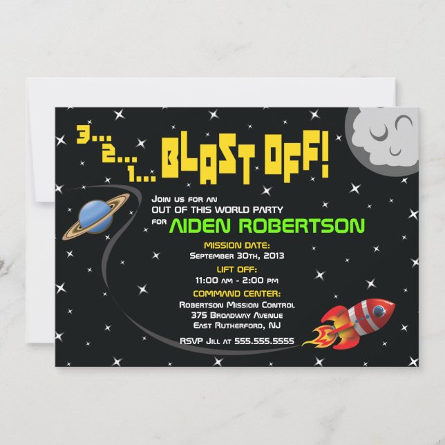 Blast Off Into Space Birthday Invitation (Front)