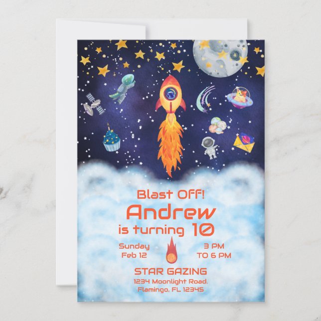 Blast Off Invitation, Space Birthday Invitation (Front)