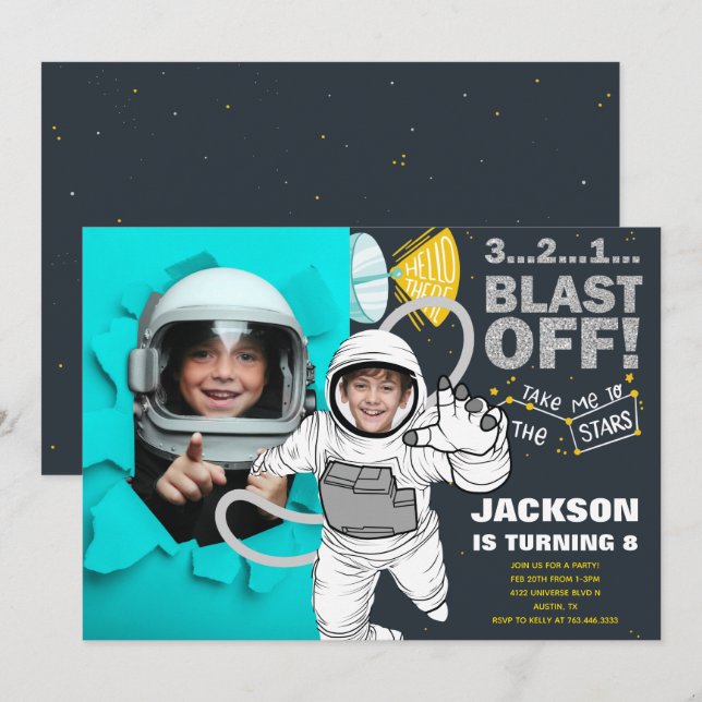 Blast Off Outer Space Astronaut Photo Birthday Invitation (Front/Back)