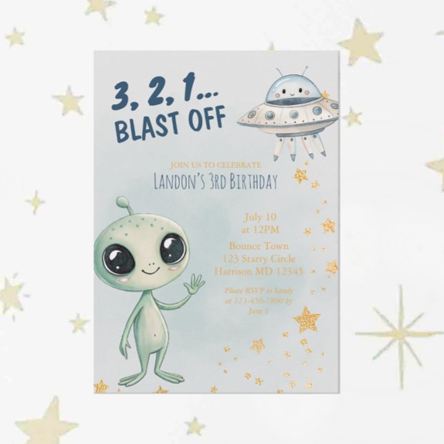 Blast Off Outer Space Boys Third Birthday Invitation (Creator Uploaded)