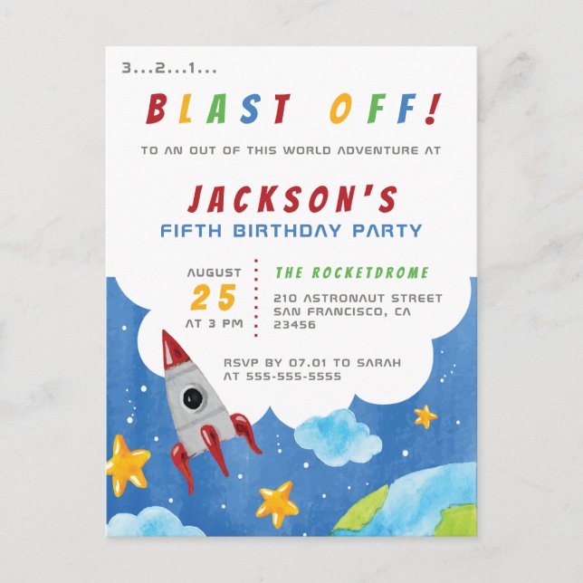 Blast Off! | Outer Space Rocket Birthday Party Invitation Postcard (Front)