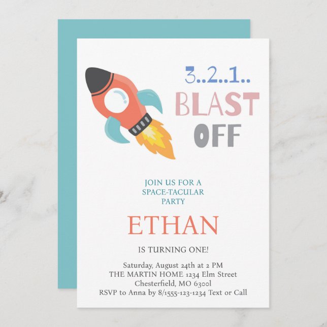 Blast Off! Outer Space Rocket Ship Birthday Invitation (Front/Back)