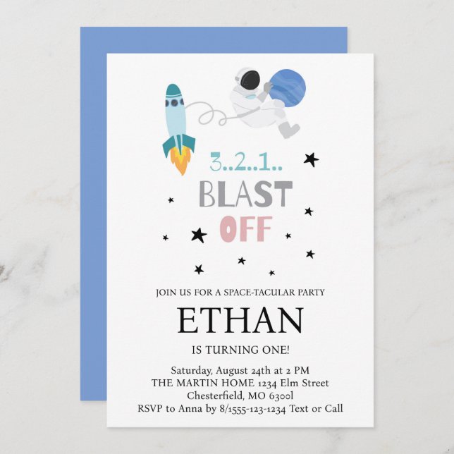 Blast Off! Outer Space Rocket Ship Birthday Invitation (Front/Back)