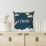 Blast Off | Personalized Outer Space Cushion<br><div class="desc">Cool space themed throw pillow for your little explorer's room features their name in white lettering,  surrounded by a rocket ship,  stars,  planets and clouds on a navy blue night sky background.</div>