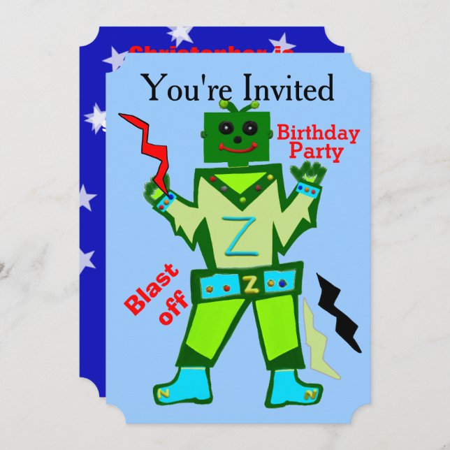 Blast Off Robot Boy and Stars Birthday Party Invitation (Front/Back)