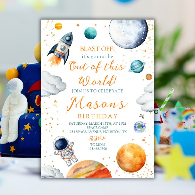 Blast Off Rocket Astronaut Outer Space Birthday Invitation (Creator Uploaded)