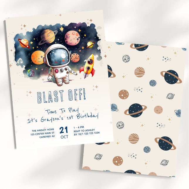 Blast Off Rocket Ship 1st Birthday Invitation (Creator Uploaded)