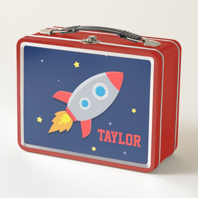 Blast Off Rocket Ship Outer Space Boys Name Metal Lunch Box (Front)