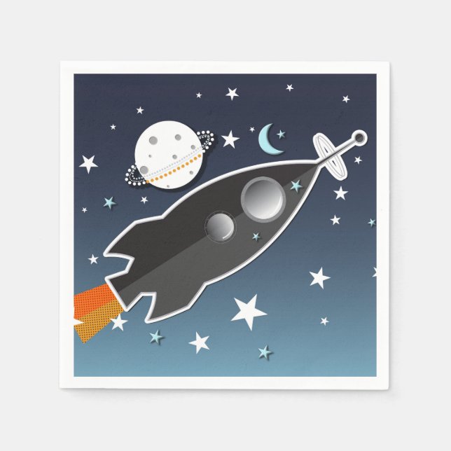 Blast Off Rocket Ship Space Birthday Party Napkin (Front)