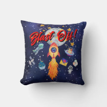 Blast-Off Rocketship Kids Room Decor Throw Pillow 