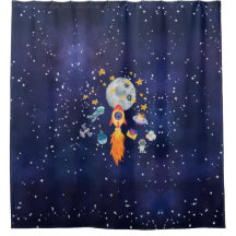 Blast-Off Rocketship Space Kids Shower Curtain