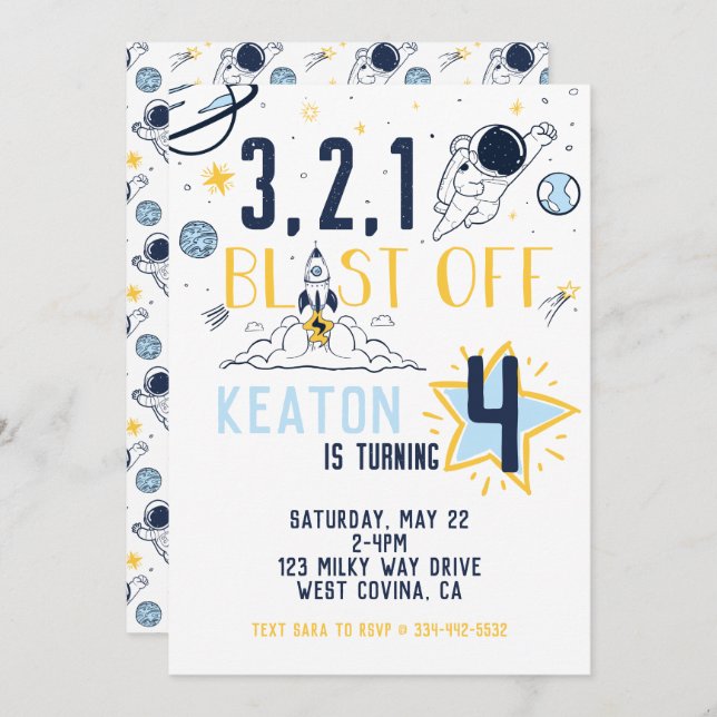 Blast Off Space Birthday Invitation (Front/Back)