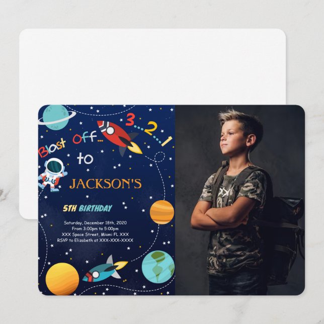 Blast Off Space Birthday Photo Invitation (Front/Back)