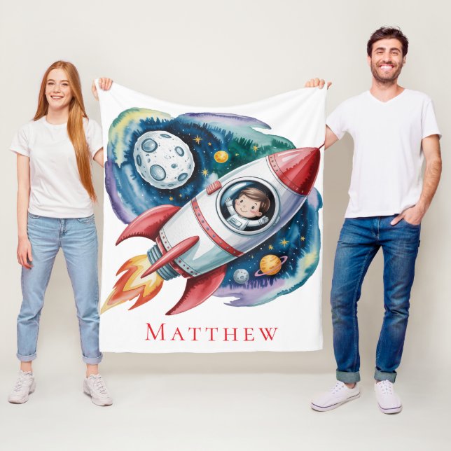 Blast Off Space Boy Astronaut Birthday Party Gift Fleece Blanket (In Situ)