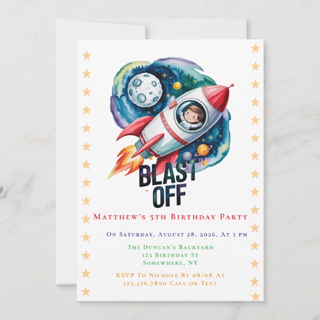Blast Off Space Boy Astronaut Birthday Party Invitation (Front)