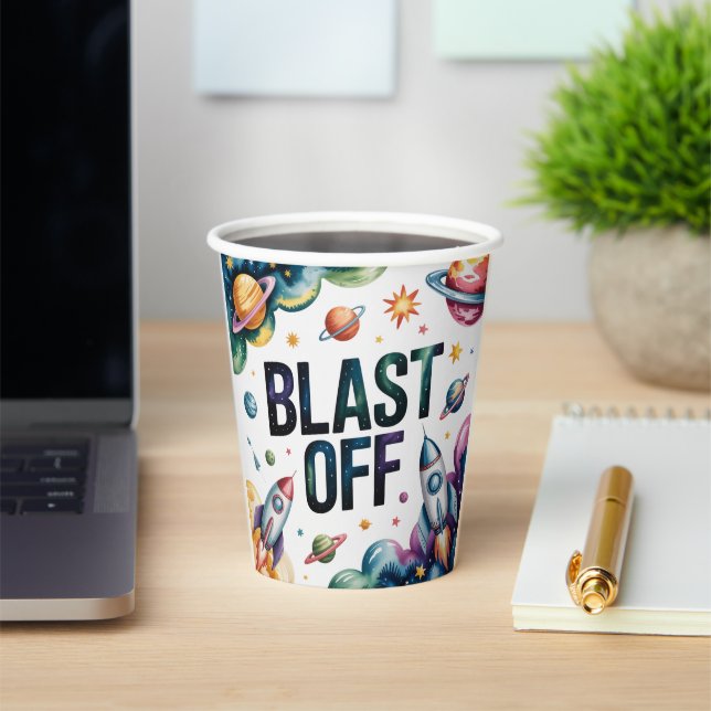 Blast Off Space Boy Astronaut Birthday Party Paper Cups (Insitu)