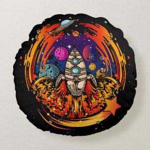 Blast Off Spaceship Round Cushion