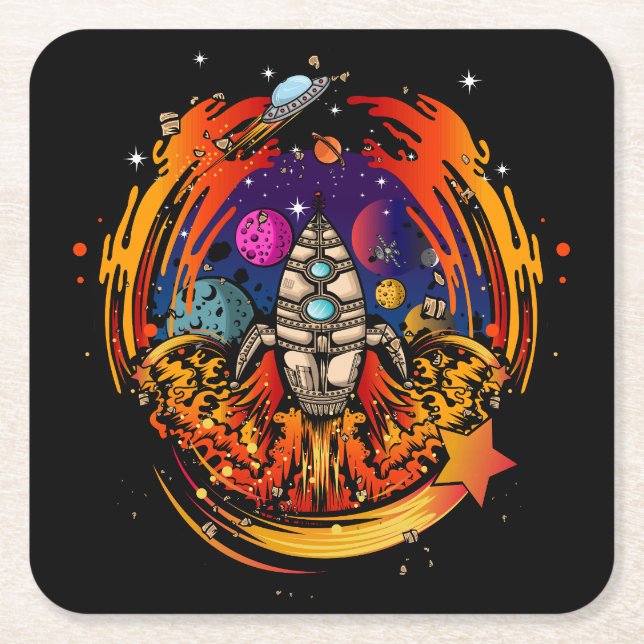 Blast Off Spaceship Square Paper Coaster (Front)