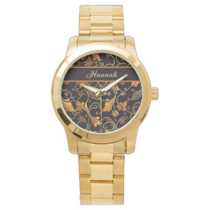 Blätter und Ranken orange auf schwarz Muster Watch