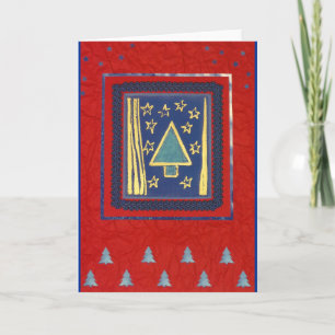 Blauer Weihnachtsbaum modern auf Rot Holiday Card