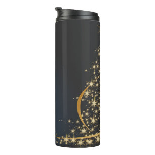 Blaues Weihnachtsmotiv mit goldenem Weihnachtsbaum Thermal Tumbler
