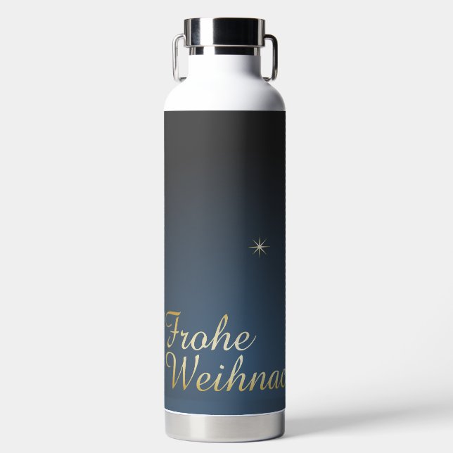 Blaues Weihnachtsmotiv mit goldenem Weihnachtsbaum Water Bottle (Front)