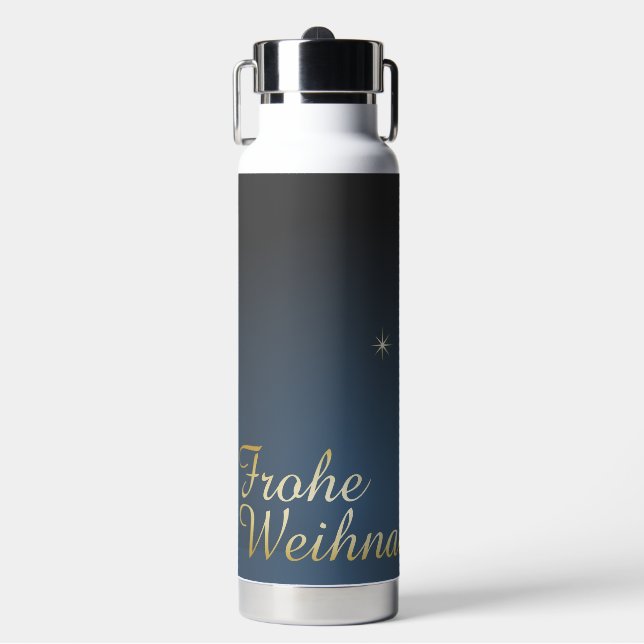 Blaues Weihnachtsmotiv mit goldenem Weihnachtsbaum Water Bottle (Front)
