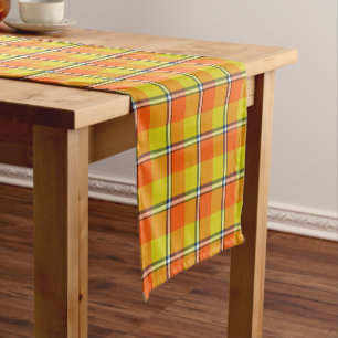 Blaze Orange and Bird Flower Plaid Short Table Runner