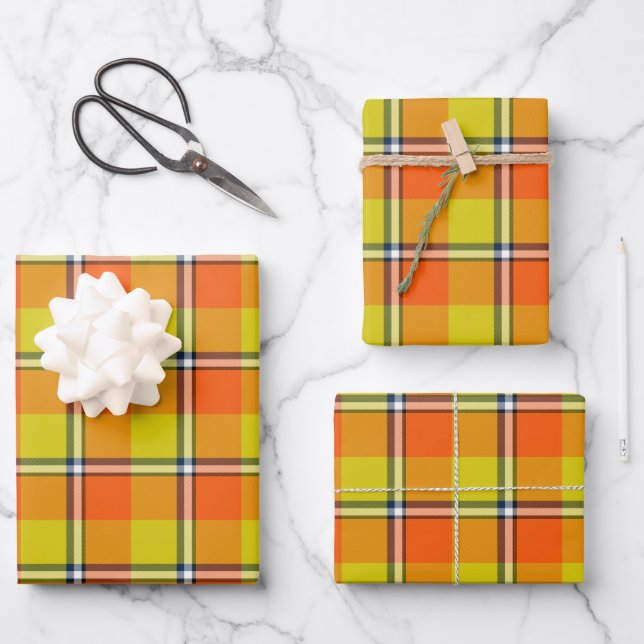 Blaze Orange and Bird Flower Plaid Wrapping Paper Sheet (Front)